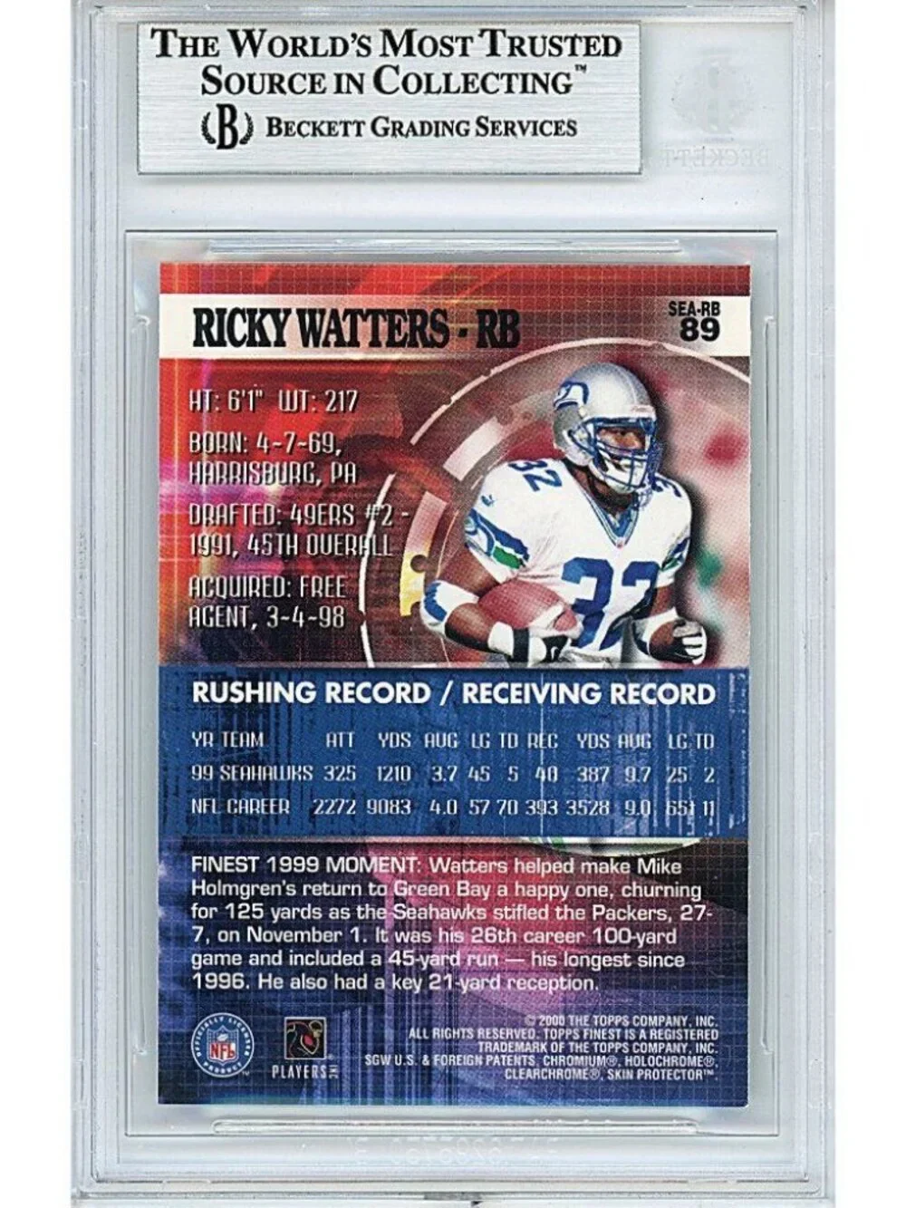 Ricky Watters Seahawks Signed '00 Topps Finest Football Card Beckett Autographed